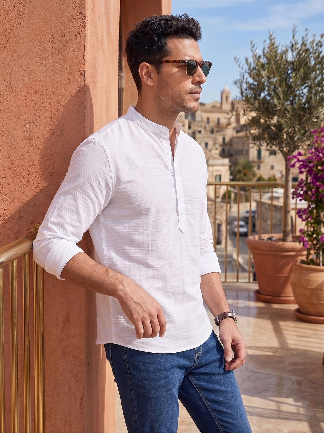 RAY LIGHT Men's Textured Dobby Cotton Short Kurta – White Horizontal Stripe
