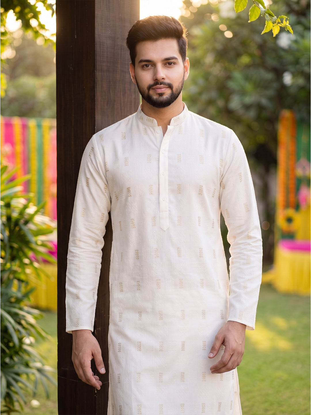 RAY LIGHT Men's Premium Festive Cotton Long Kurta – Ivory Cream with Geometric Motif