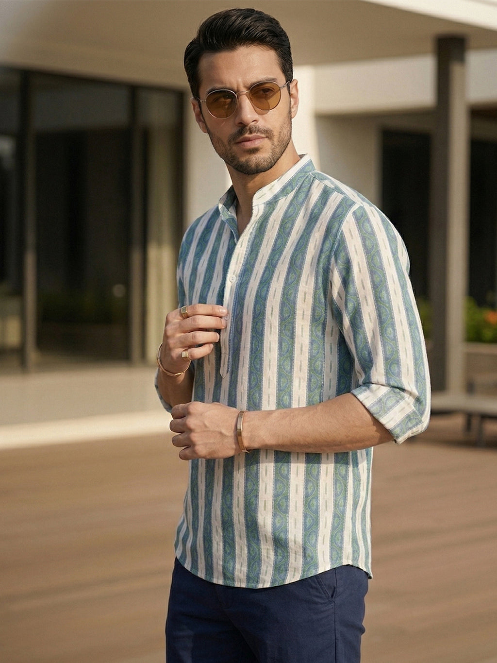 RAY LIGHT Men's Resort Patterned Stripe Cotton Short Kurta – White with Blue & Green Accents