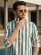 RAY LIGHT Men's Resort Patterned Stripe Cotton Short Kurta – White with Blue & Green Accents