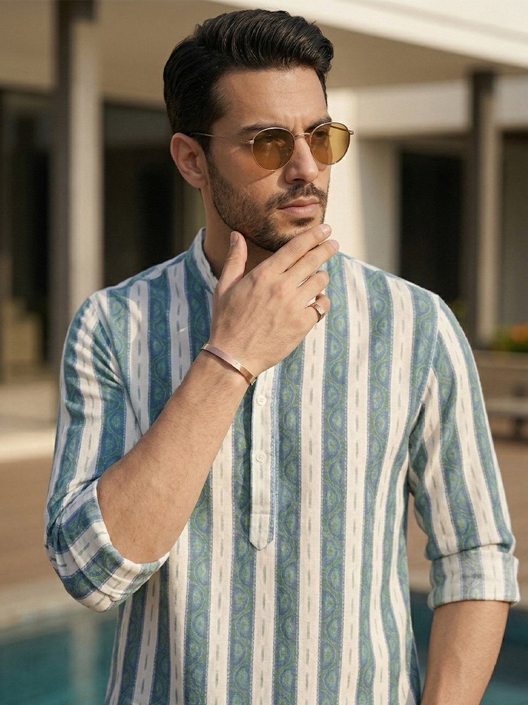 RAY LIGHT Men's Resort Patterned Stripe Cotton Short Kurta – White with Blue & Green Accents