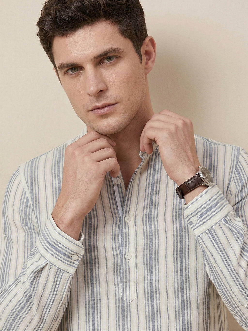 RAY LIGHT Men's Classic Vertical Stripe Cotton Short Kurta – White & Blue