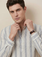 RAY LIGHT Men's Classic Vertical Stripe Cotton Short Kurta – White & Blue