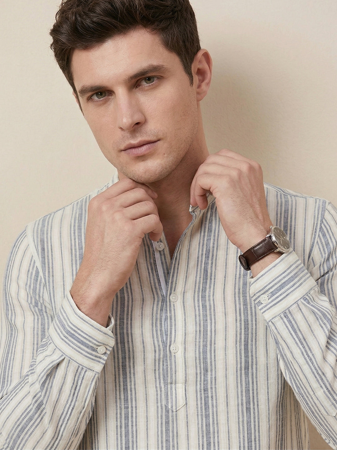 RAY LIGHT Men's Classic Vertical Stripe Cotton Short Kurta – White & Blue