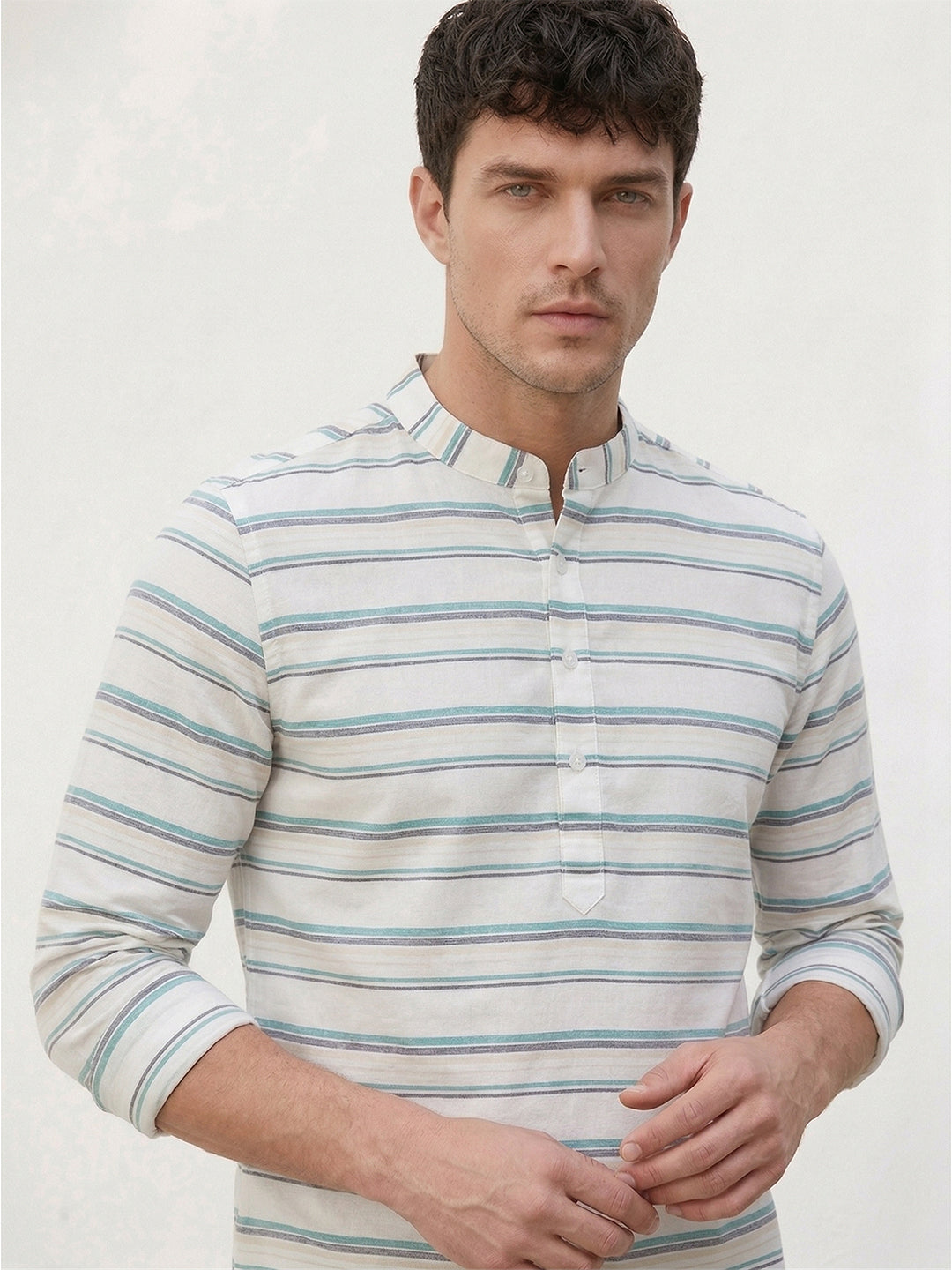 RAY LIGHT Men's Coastal Stripe Cotton Short Kurta – White with Teal & Beige Accents