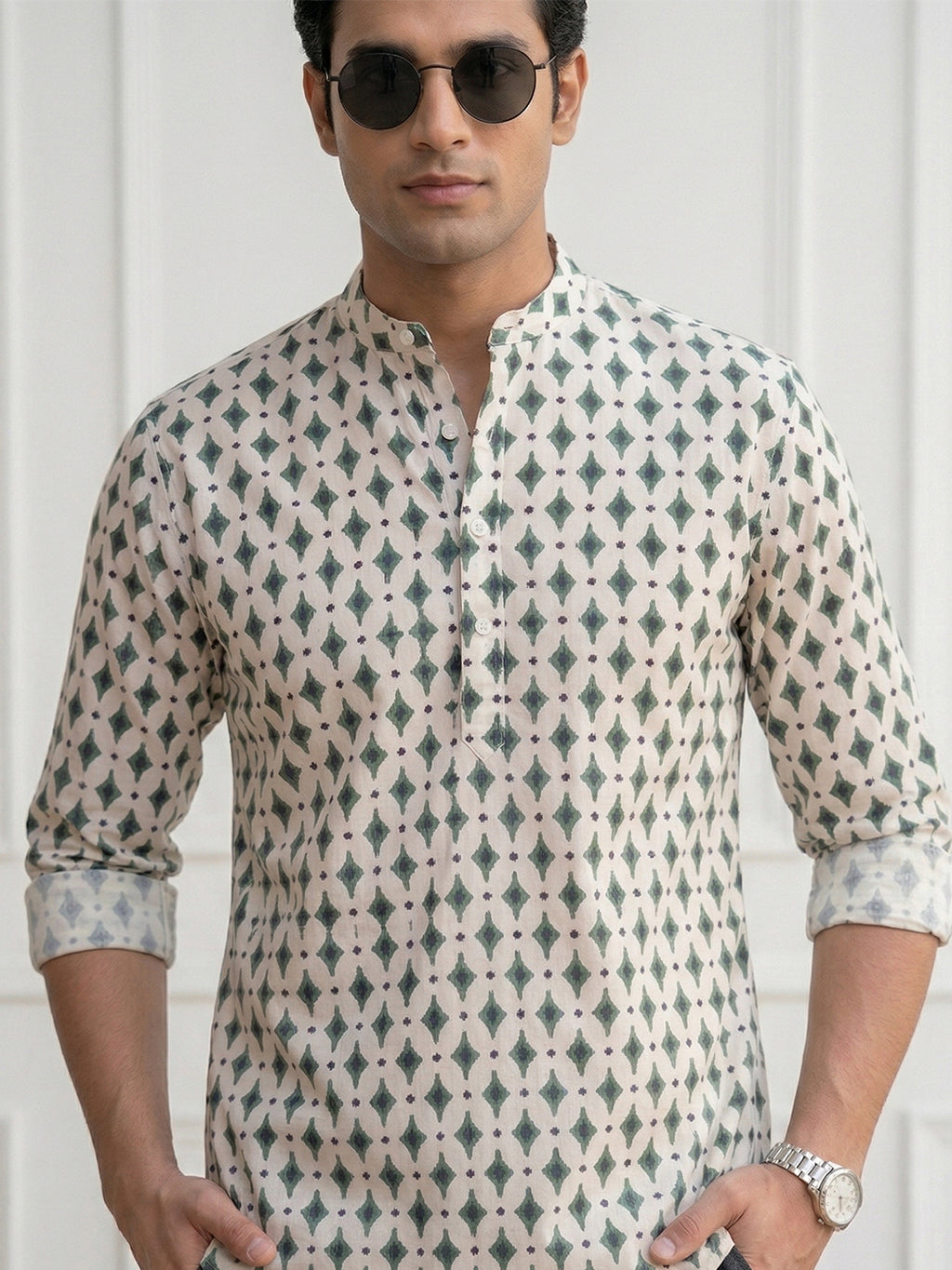 RAY LIGHT Men's Geometric Diamond Print Cotton Short Kurta – Off-White & Forest Green