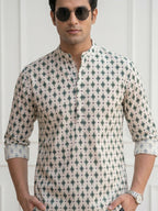 RAY LIGHT Men's Geometric Diamond Print Cotton Short Kurta – Off-White & Forest Green