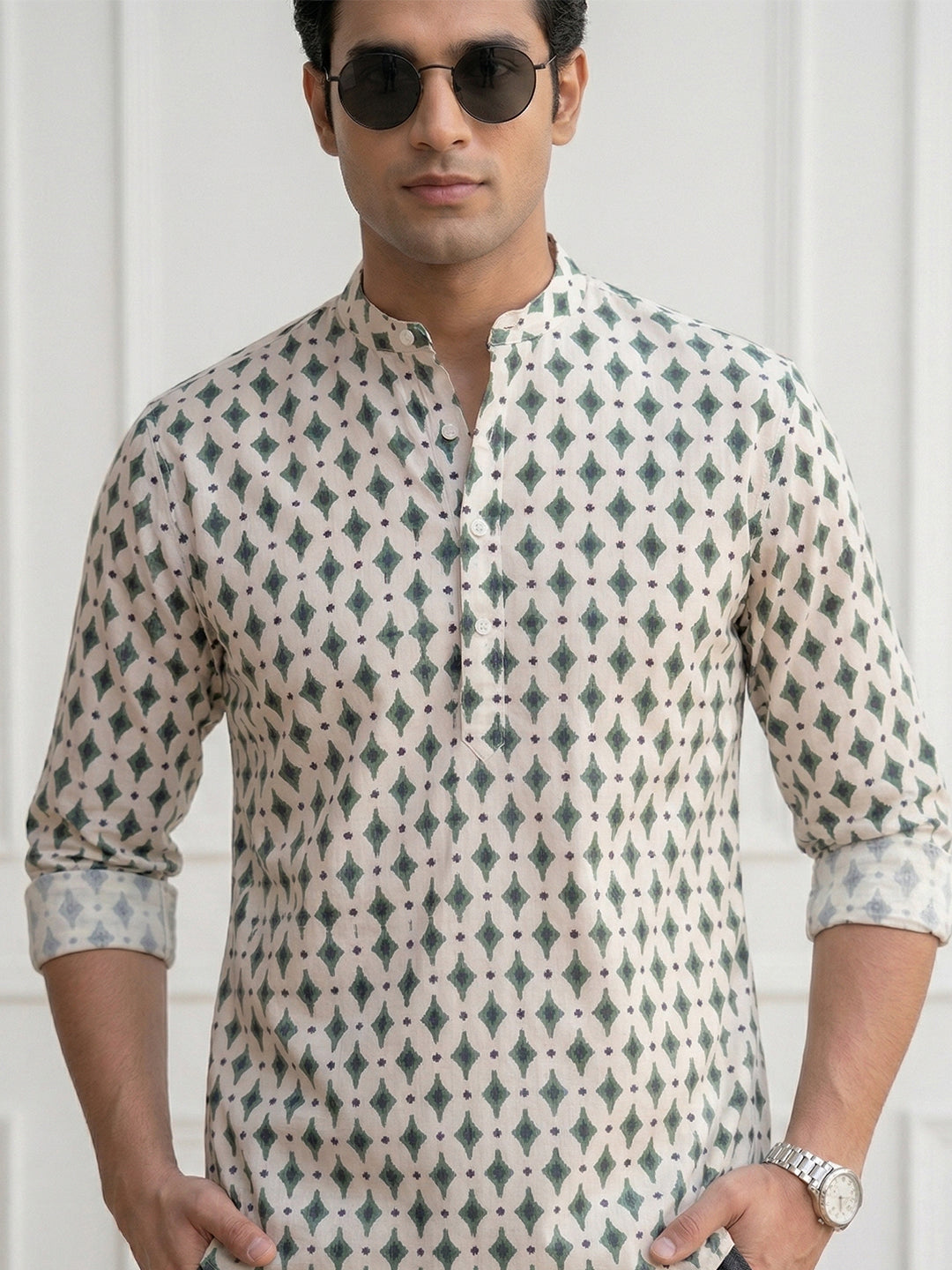 RAY LIGHT Men's Geometric Diamond Print Cotton Short Kurta – Off-White & Forest Green