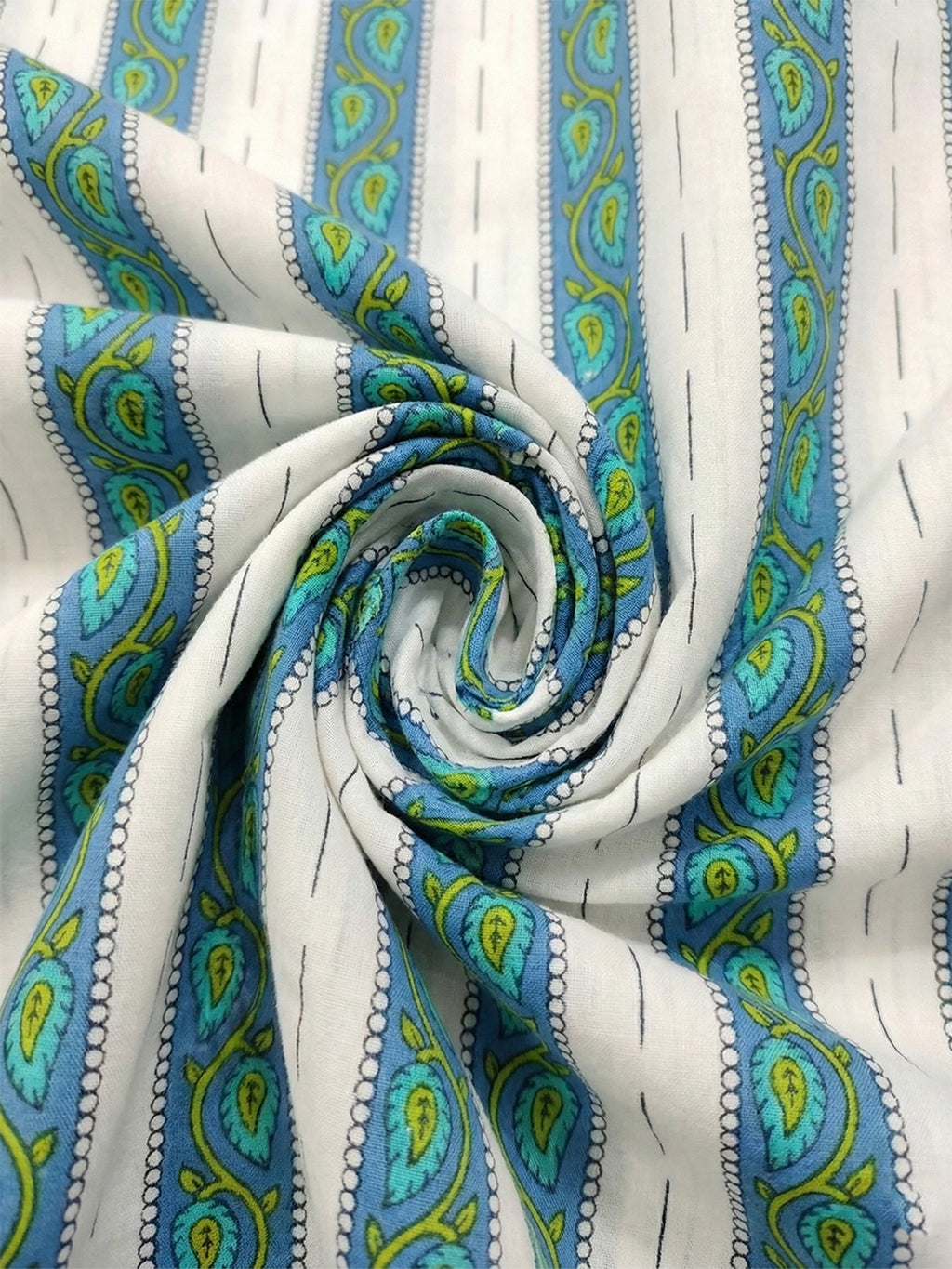 RAY LIGHT Men's Resort Patterned Stripe Cotton Short Kurta – White with Blue & Green Accents