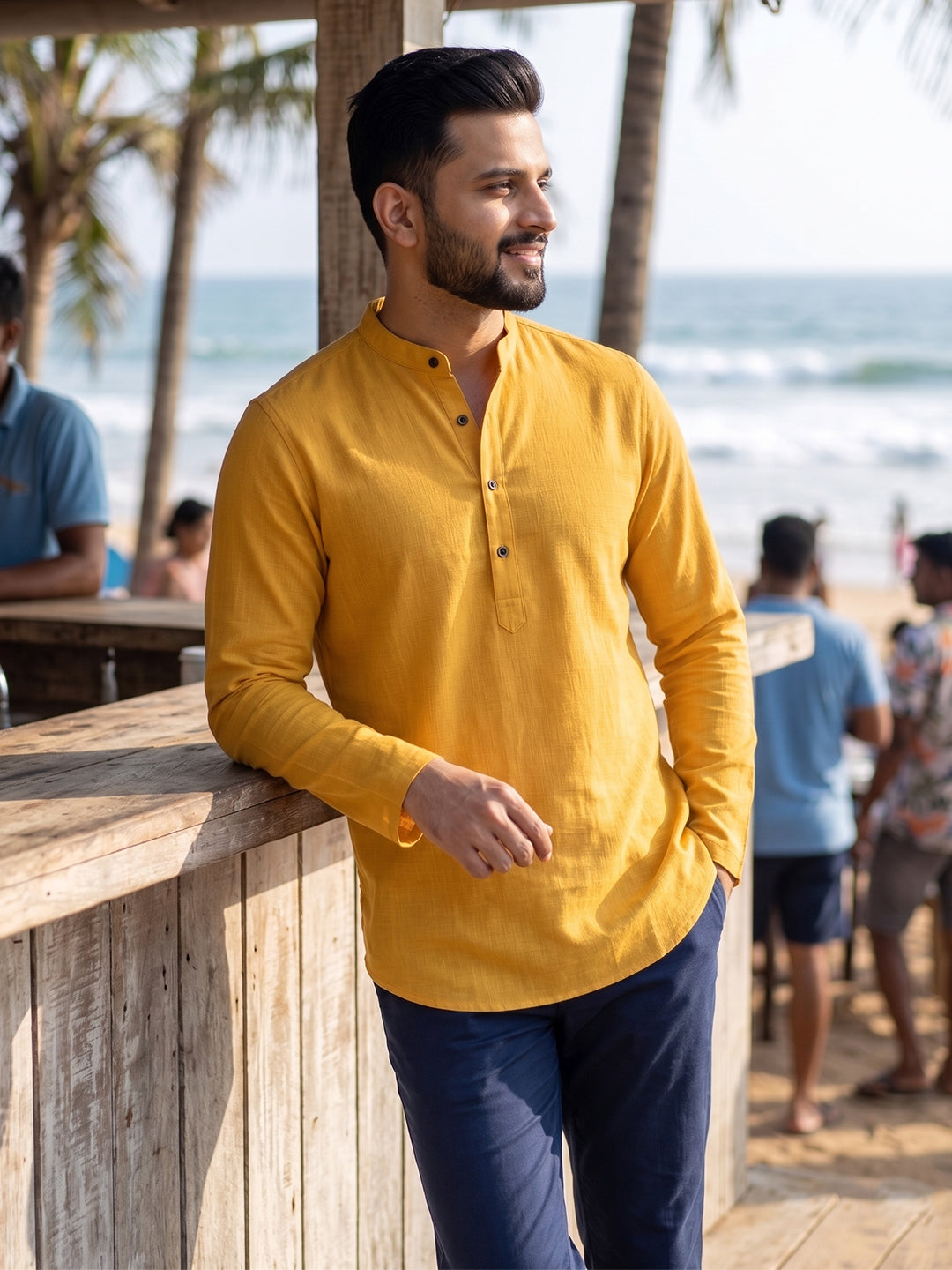 RAY LIGHT Men's Essential Solid Cotton Short Kurta – Royal Blue with Cuffless Sleeves