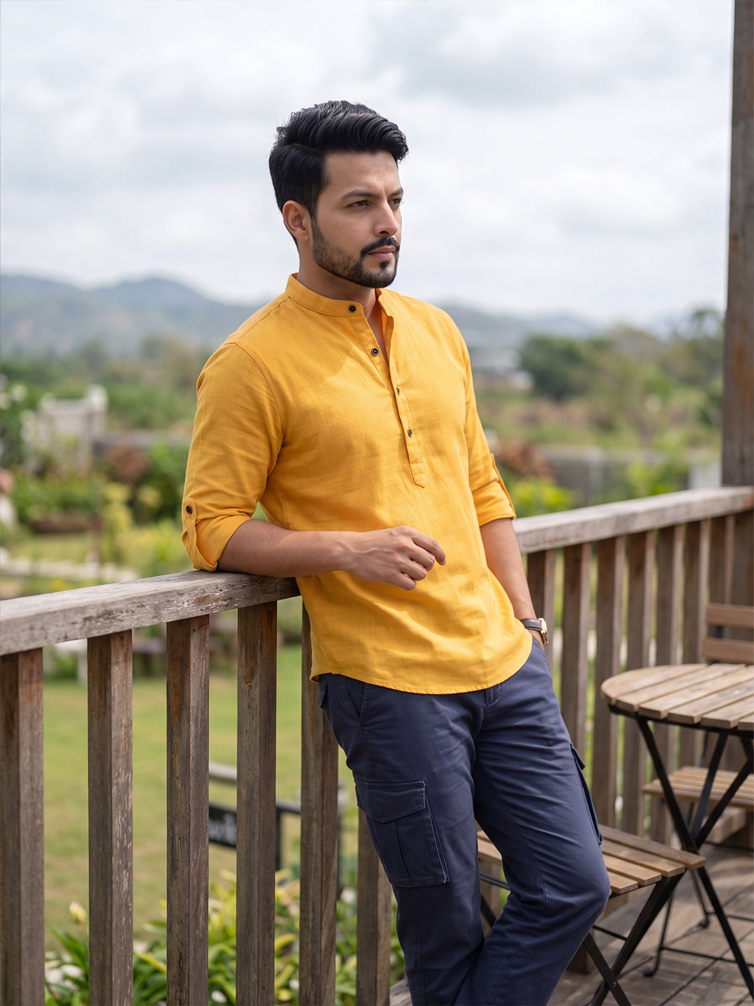 RAY LIGHT Men's Contemporary 100% Cotton Solid Short Kurta – Mandarin Collar with Roll-Up Sleeves