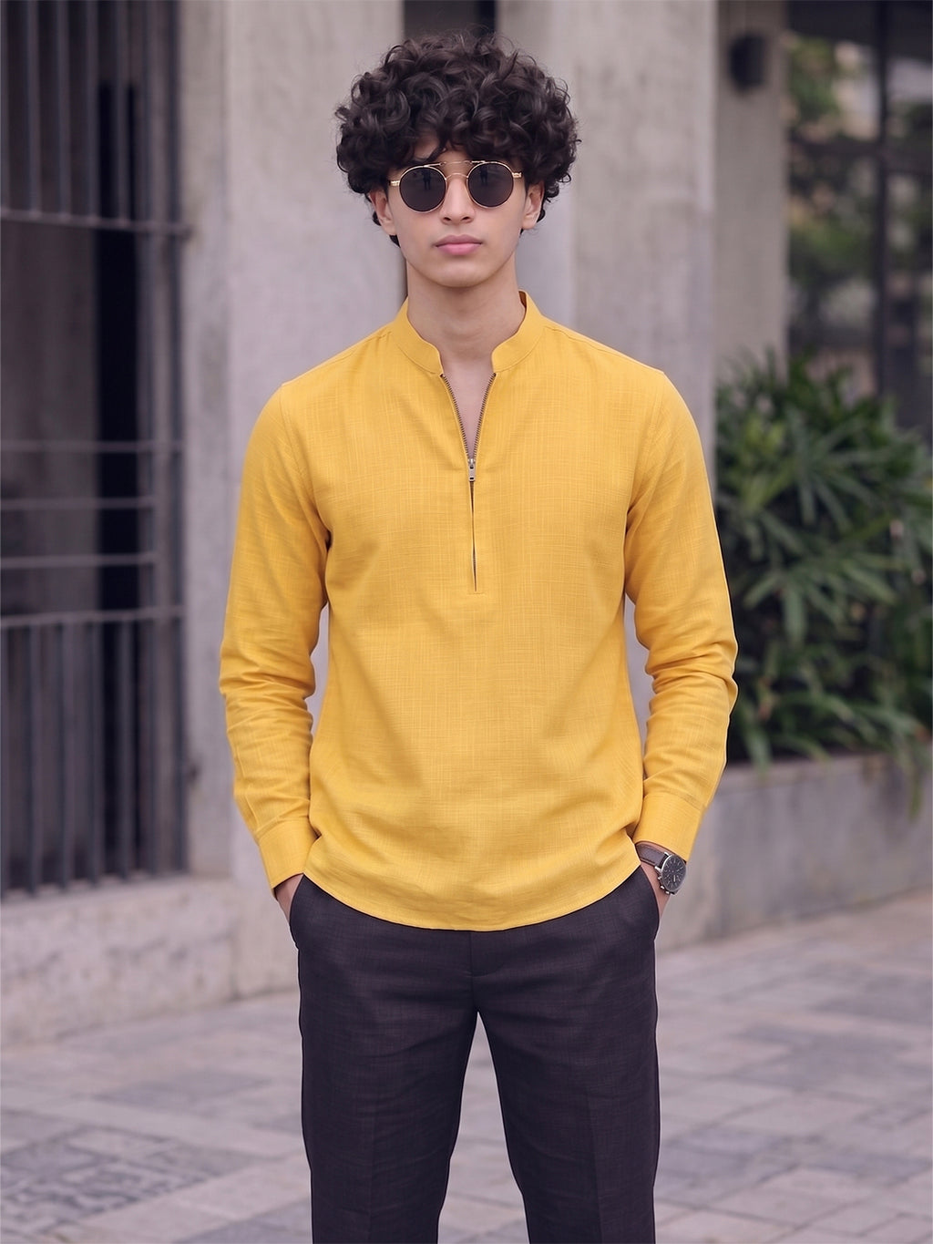 RAY LIGHT Men's Modern Zip-Neck Solid Cotton Short Kurta – Mustard Yellow