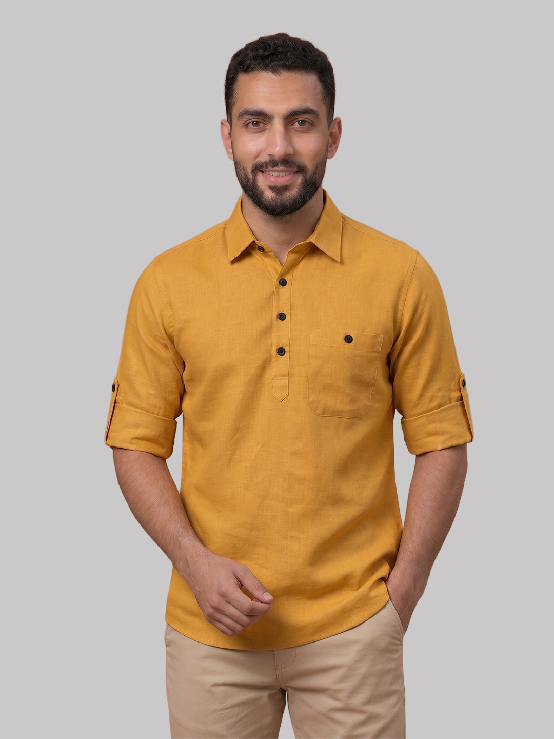 RAY LIGHT Men's Essential Solid Cotton Short Kurta – Sky Blue with Roll-Up Sleeves