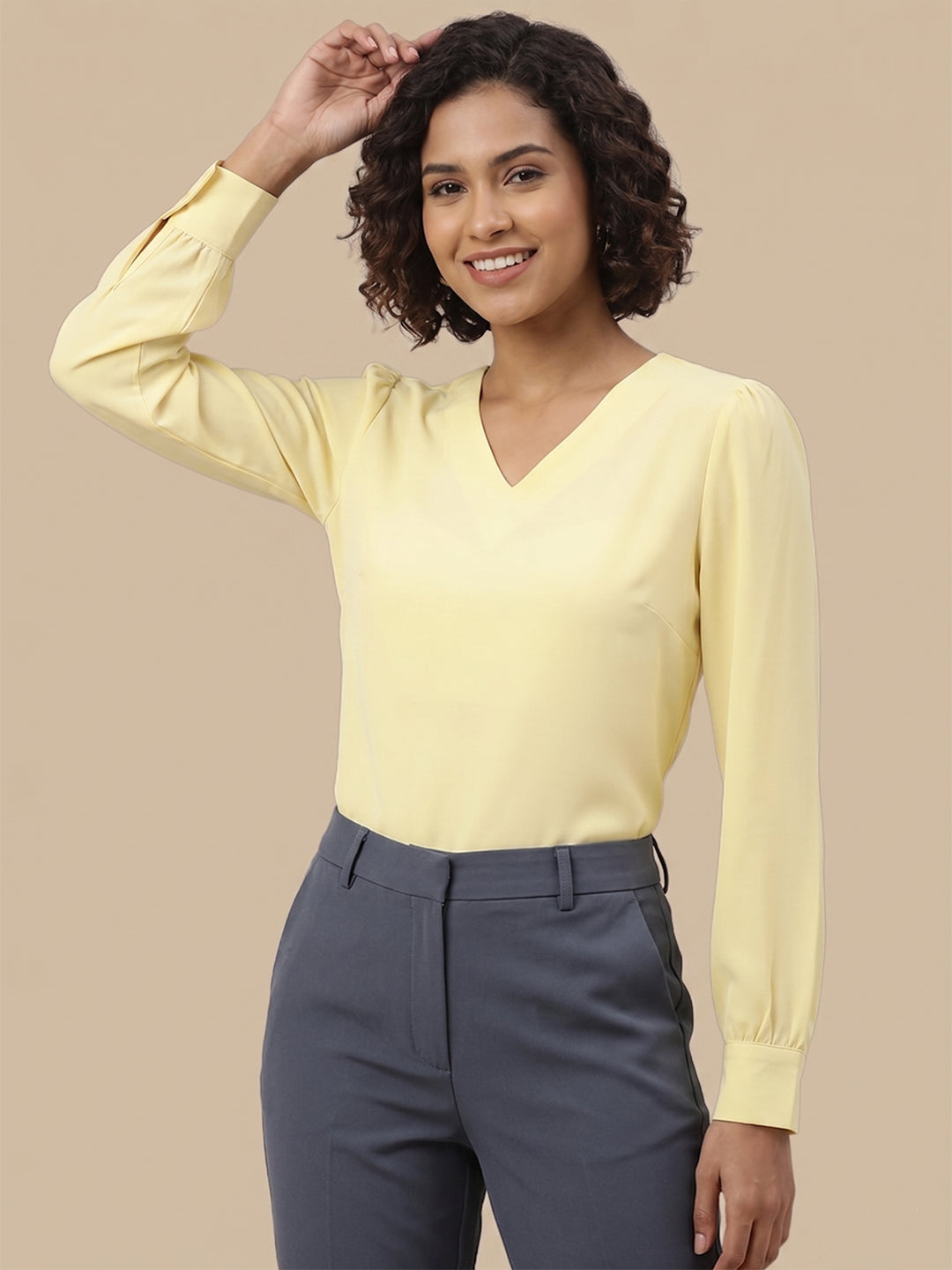 Ray Light Women’s Yellow Solid Crepe Blouse with V-Neck & Full Sleeves Secondary image