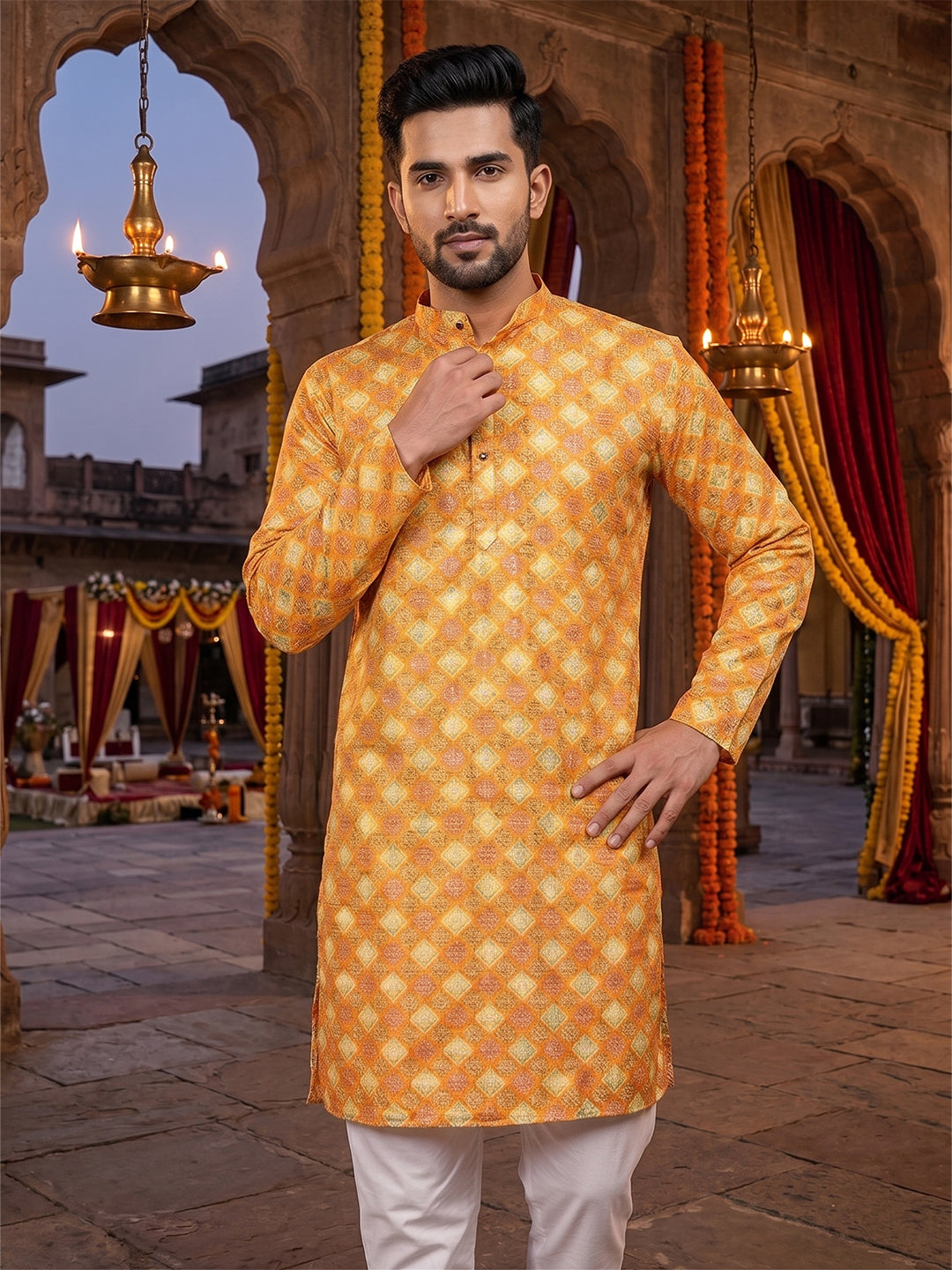 RAY LIGHT Men's Premium Crochet Fabric Geometric Long Kurta – Light Orange