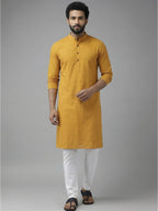 RAY LIGHT Men's Classic Solid Cotton Long Kurta – Dark Green with Dual Side Pockets
