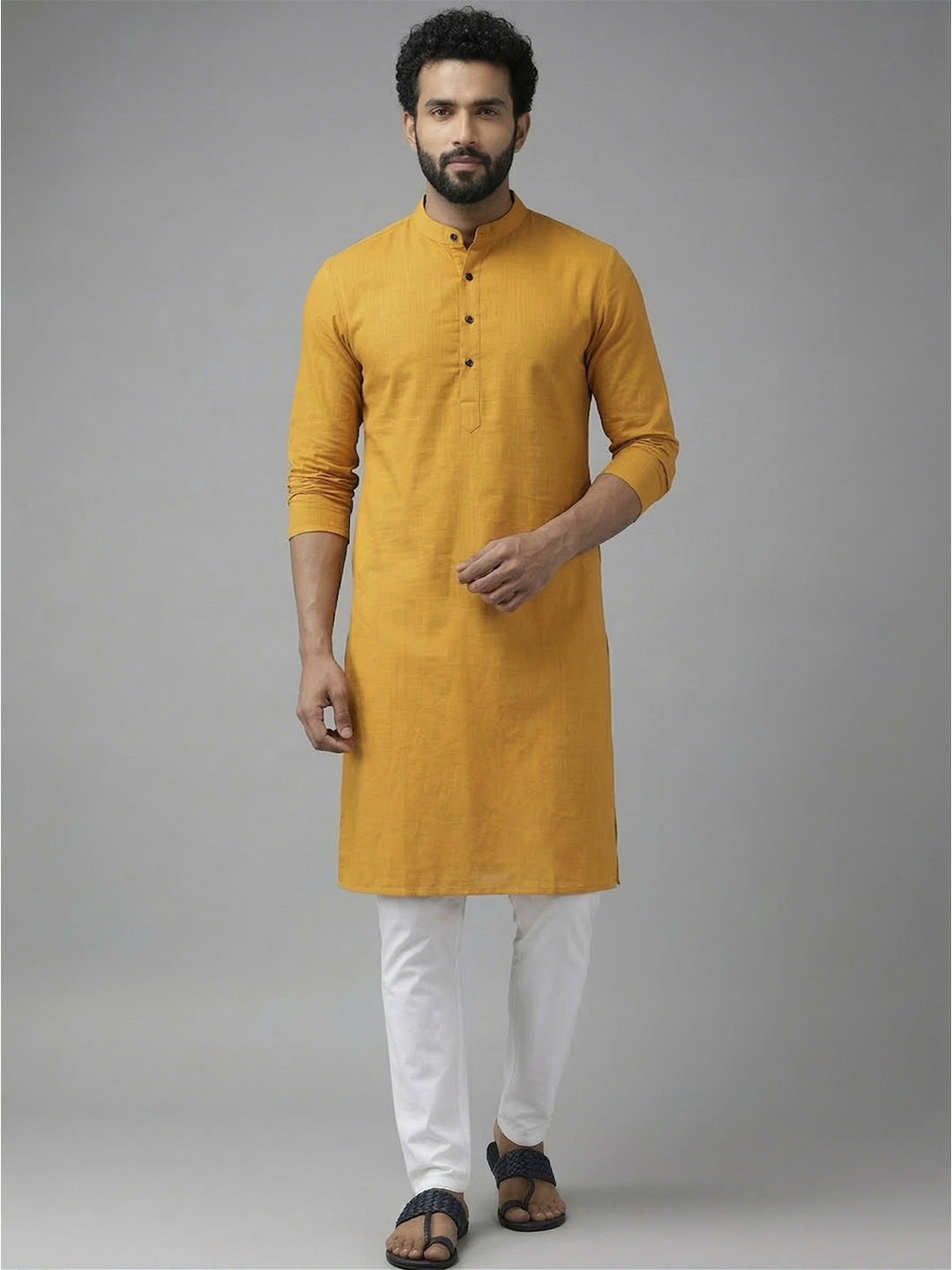 RAY LIGHT Men's Classic Solid Cotton Long Kurta – Dark Green with Dual Side Pockets