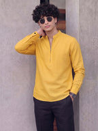 RAY LIGHT Men's Modern Zip-Neck Solid Cotton Short Kurta – Mustard Yellow