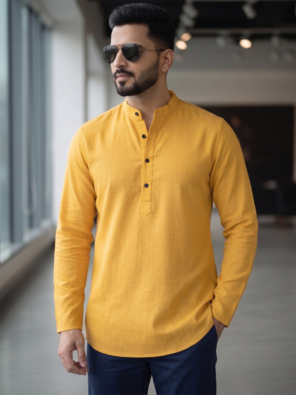 RAY LIGHT Men's Essential Solid Cotton Short Kurta – Royal Blue with Cuffless Sleeves