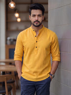 RAY LIGHT Men's Contemporary 100% Cotton Solid Short Kurta – Mandarin Collar with Roll-Up Sleeves