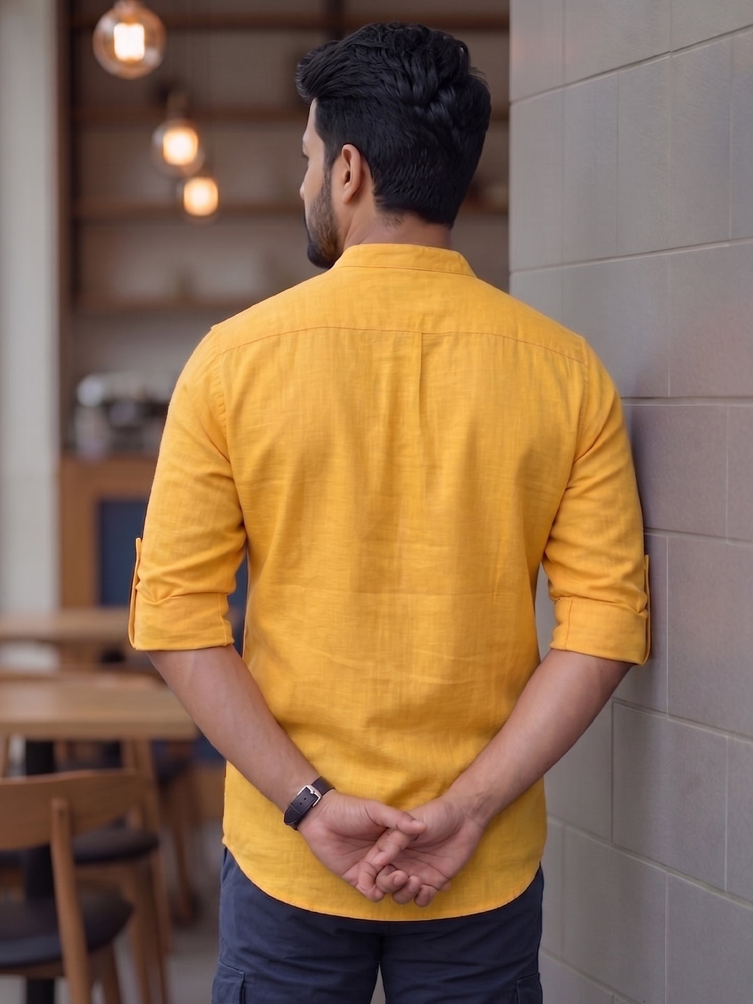 RAY LIGHT Men's Contemporary 100% Cotton Solid Short Kurta – Mandarin Collar with Roll-Up Sleeves