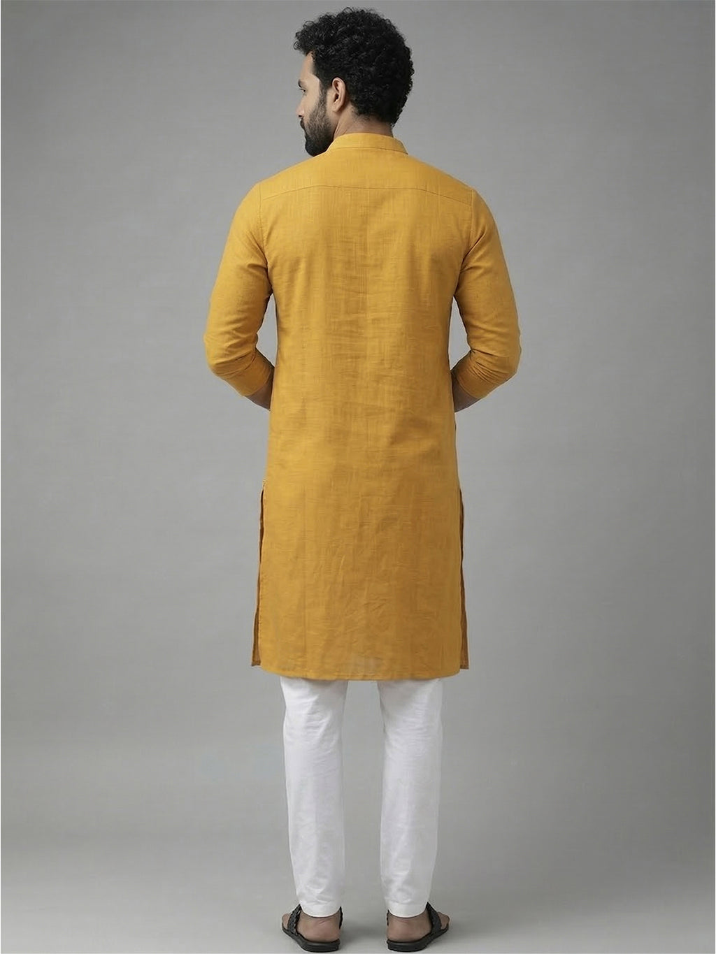 RAY LIGHT Men's 100% Cotton Solid Long Kurta with Mandarin Collar