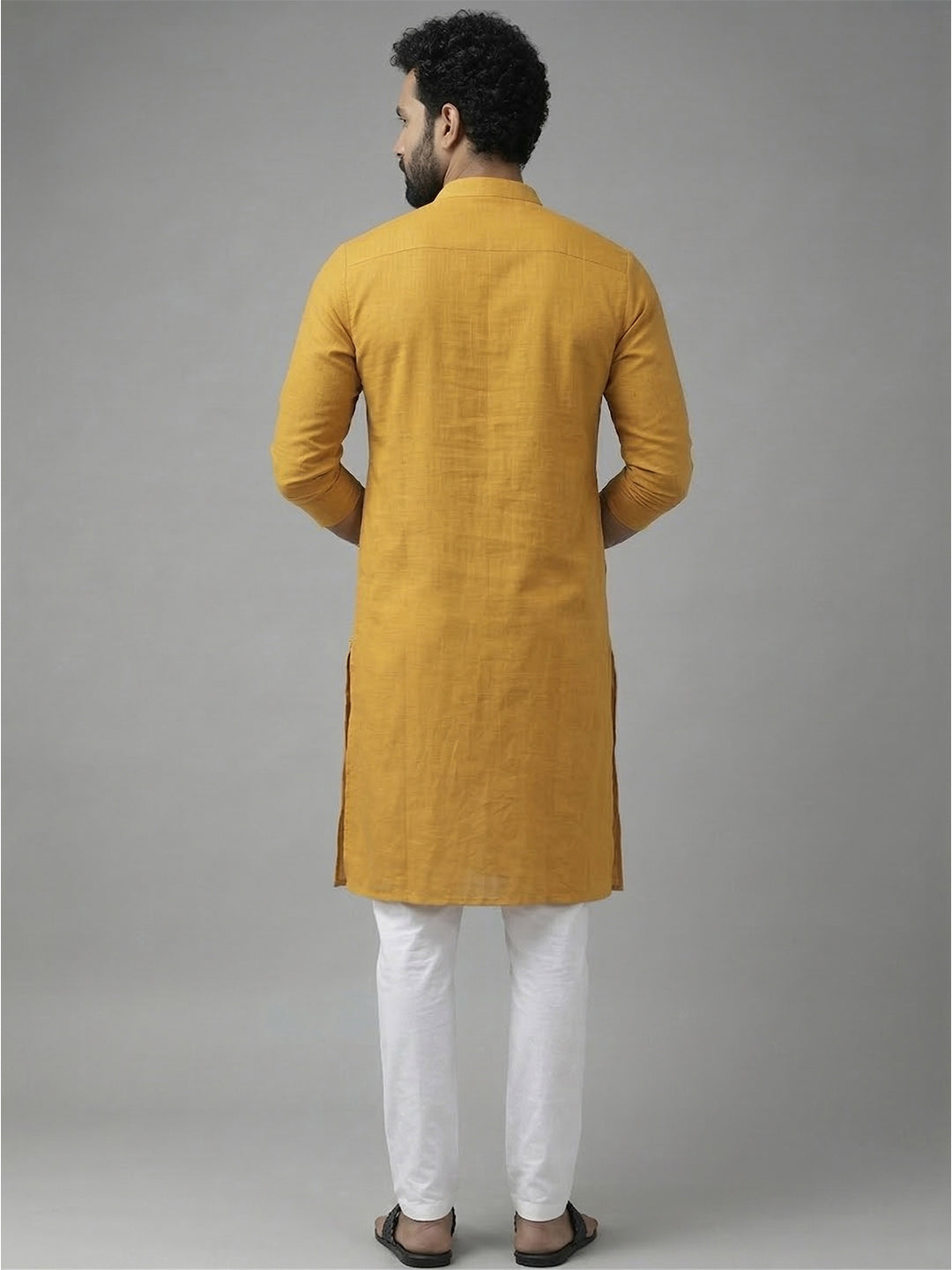 RAY LIGHT Men's 100% Cotton Solid Long Kurta with Mandarin Collar