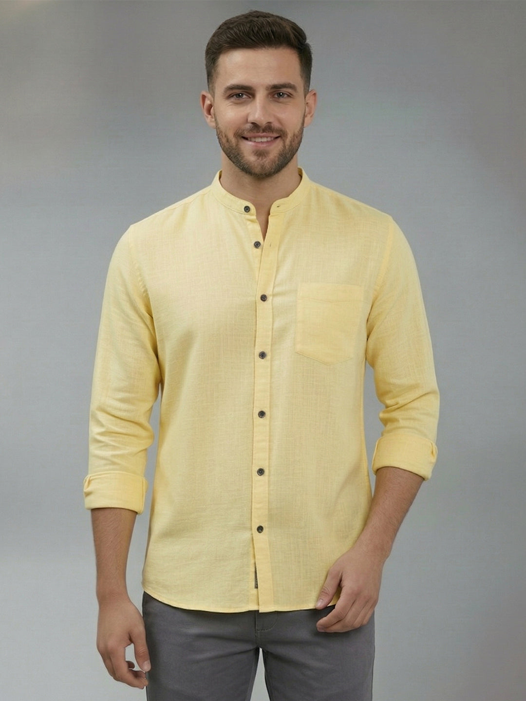 RAY LIGHT Men's Minimalist Solid Casual Shirt – Chinese Collar & Functional Chest Pocket