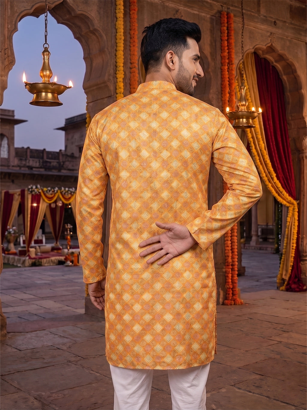 RAY LIGHT Men's Premium Crochet Fabric Geometric Long Kurta – Light Orange