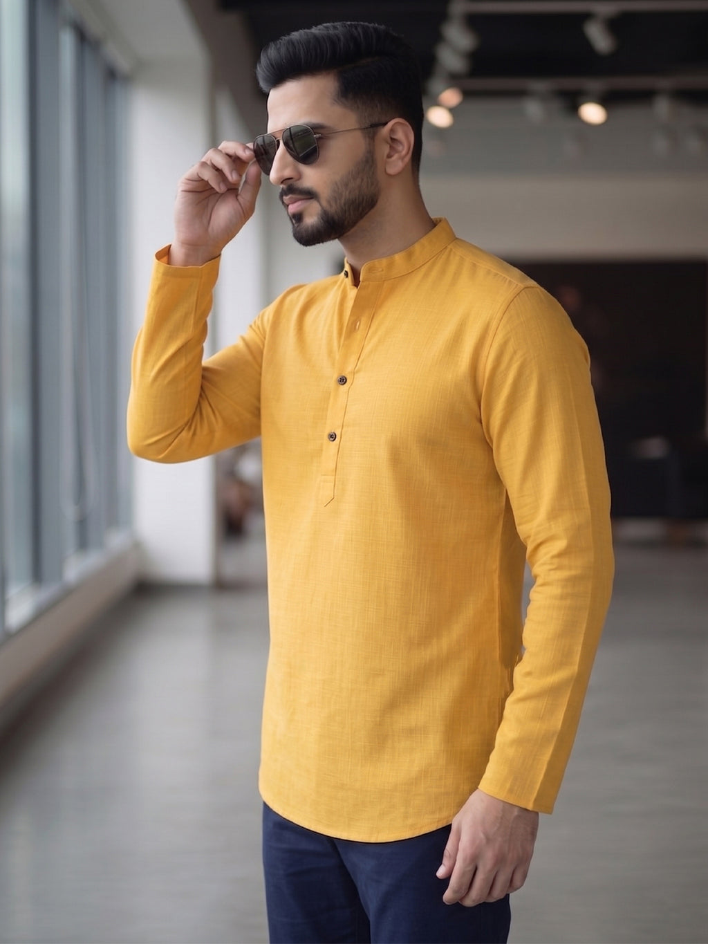 RAY LIGHT Men's Essential Solid Cotton Short Kurta – Royal Blue with Cuffless Sleeves