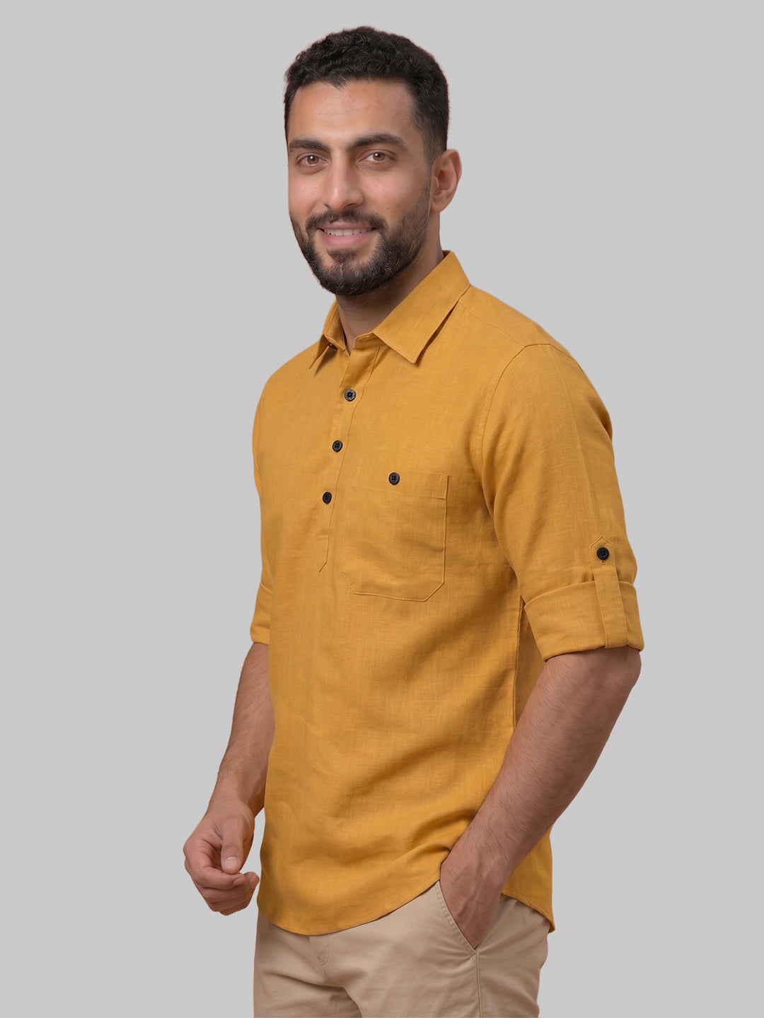 RAY LIGHT Men's Essential Solid Cotton Short Kurta – Sky Blue with Roll-Up Sleeves