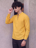 RAY LIGHT Men's Modern Zip-Neck Solid Cotton Short Kurta – Mustard Yellow