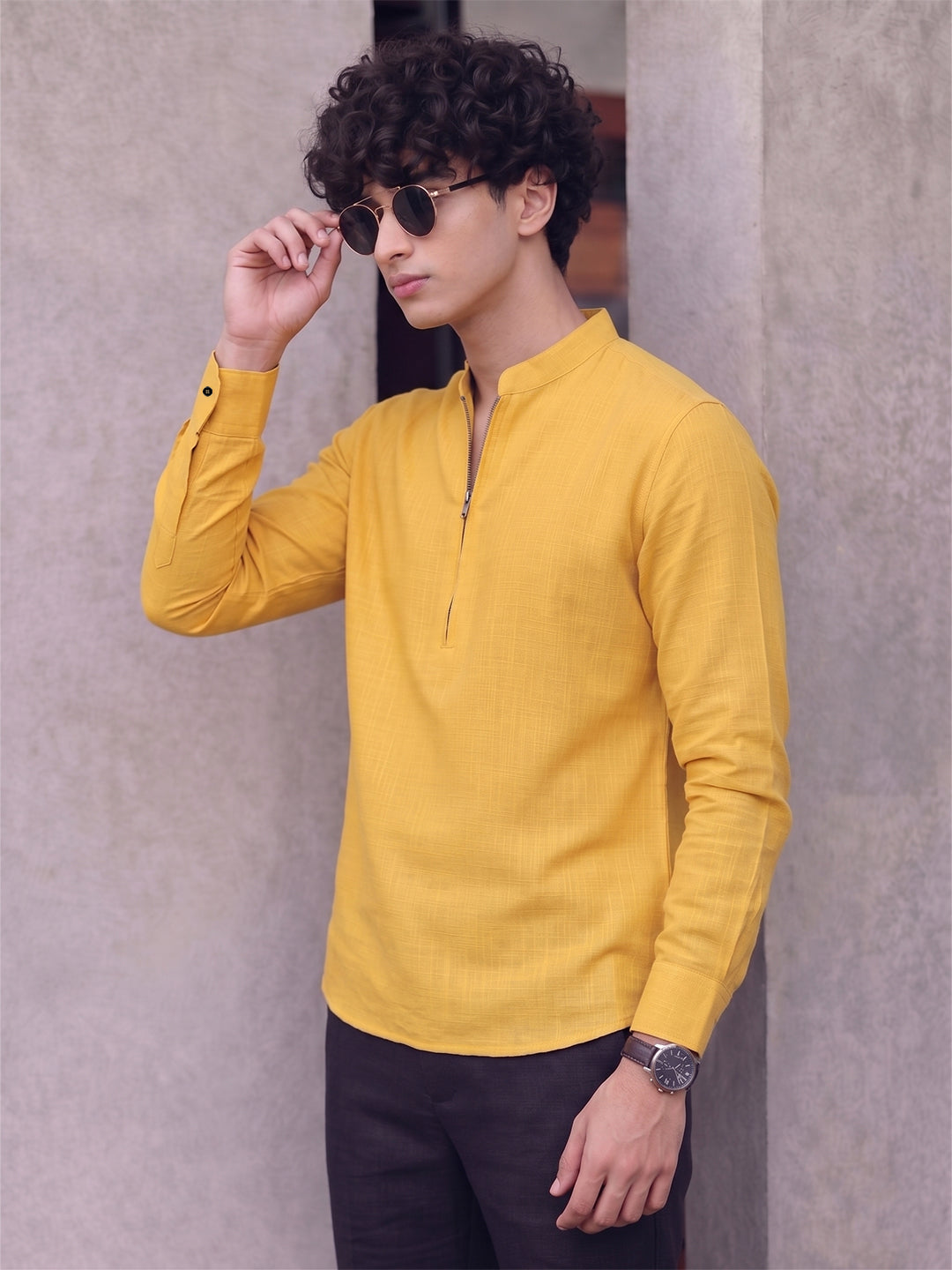 RAY LIGHT Men's Modern Zip-Neck Solid Cotton Short Kurta – Mustard Yellow
