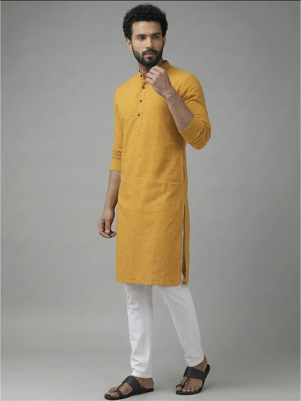 RAY LIGHT Men's 100% Cotton Solid Long Kurta with Mandarin Collar