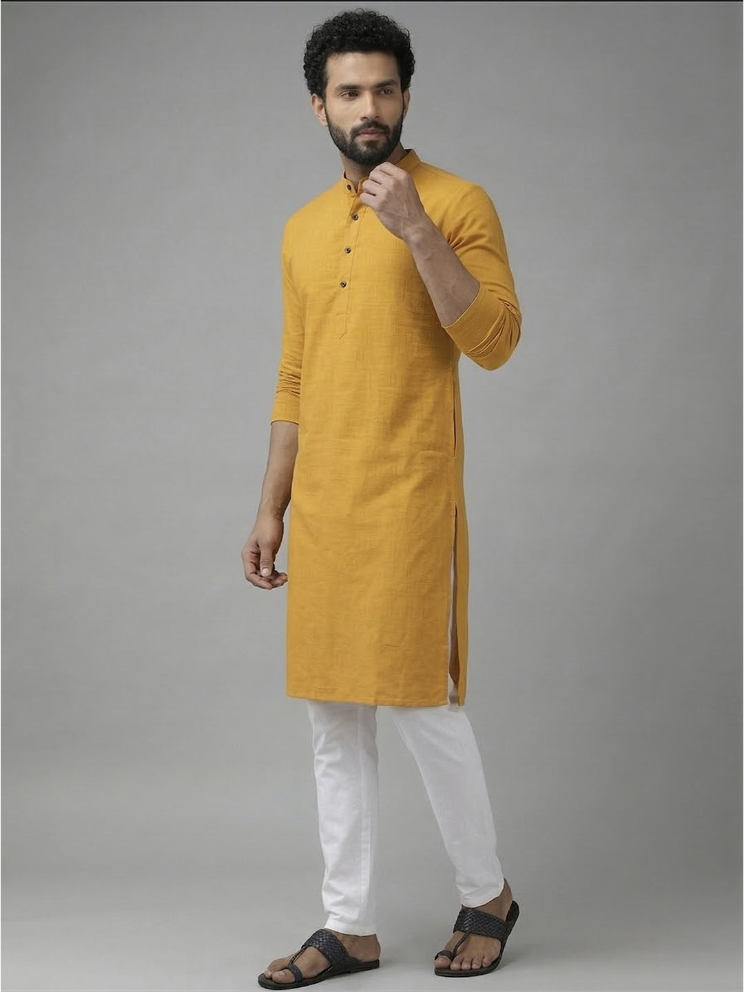 RAY LIGHT Men's 100% Cotton Solid Long Kurta with Mandarin Collar
