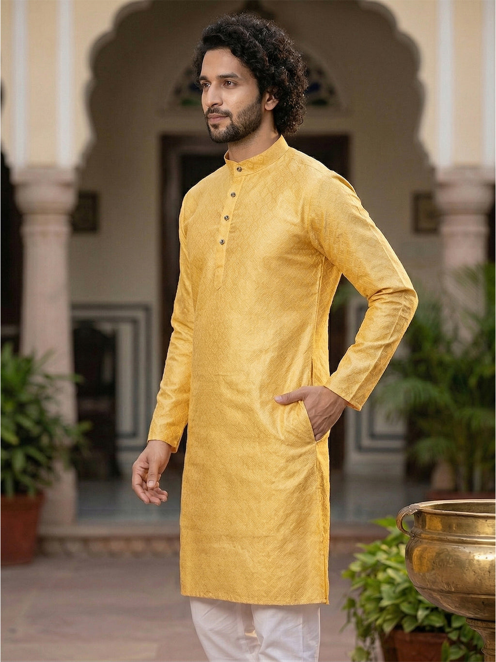 RAY LIGHT Men's Royal Jacquard Geometric Long Kurta – Deep Maroon