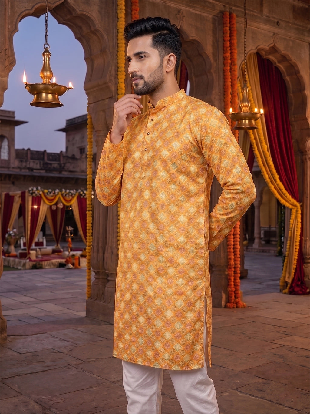 RAY LIGHT Men's Premium Crochet Fabric Geometric Long Kurta – Light Orange