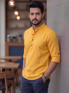 RAY LIGHT Men's Contemporary 100% Cotton Solid Short Kurta – Mandarin Collar with Roll-Up Sleeves