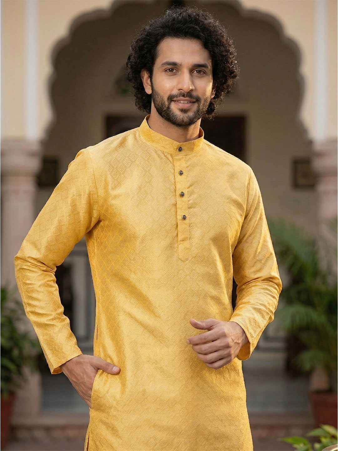 RAY LIGHT Men's Royal Jacquard Geometric Long Kurta – Deep Maroon