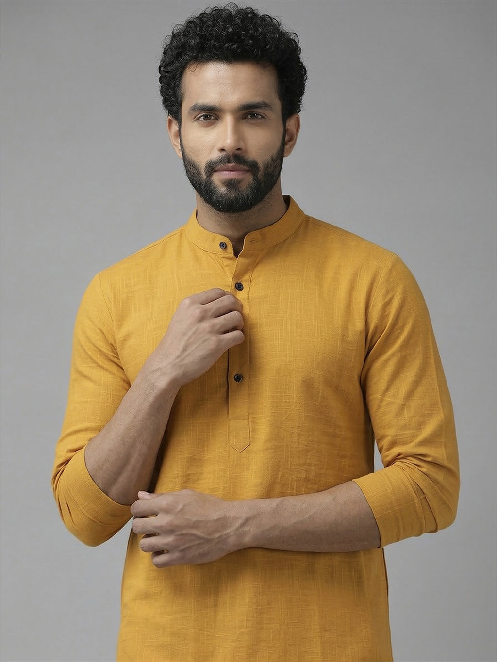 RAY LIGHT Men's 100% Cotton Solid Long Kurta with Mandarin Collar