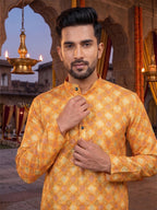 RAY LIGHT Men's Premium Crochet Fabric Geometric Long Kurta – Light Orange