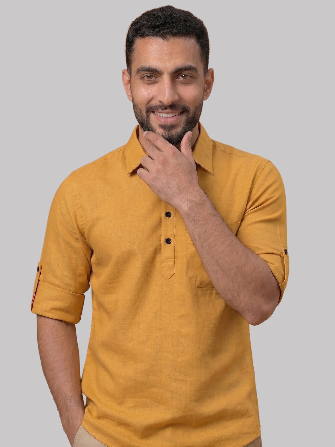 RAY LIGHT Men's Essential Solid Cotton Short Kurta – Sky Blue with Roll-Up Sleeves