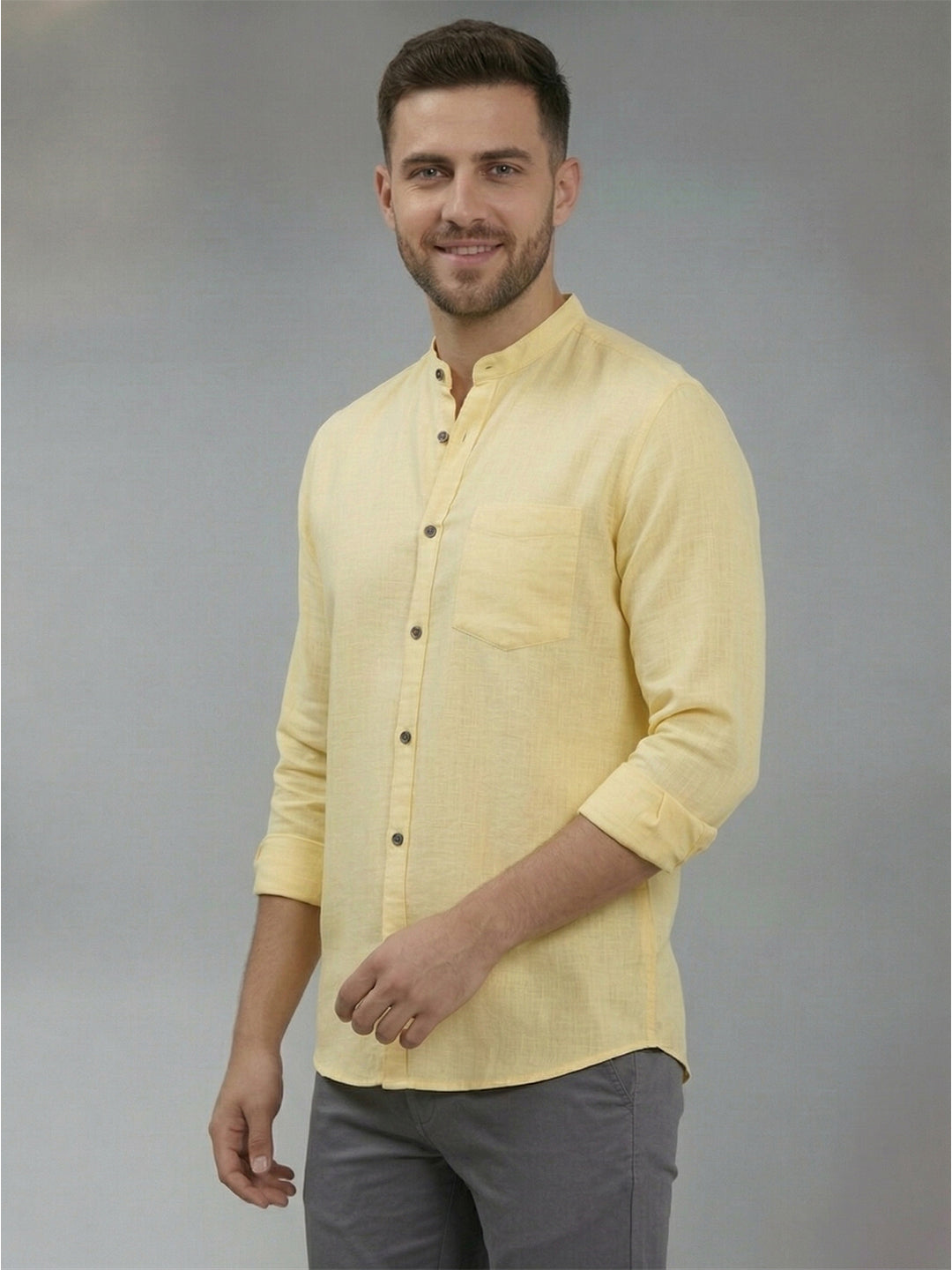 RAY LIGHT Men's Minimalist Solid Casual Shirt – Chinese Collar & Functional Chest Pocket