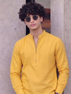 RAY LIGHT Men's Modern Zip-Neck Solid Cotton Short Kurta – Mustard Yellow