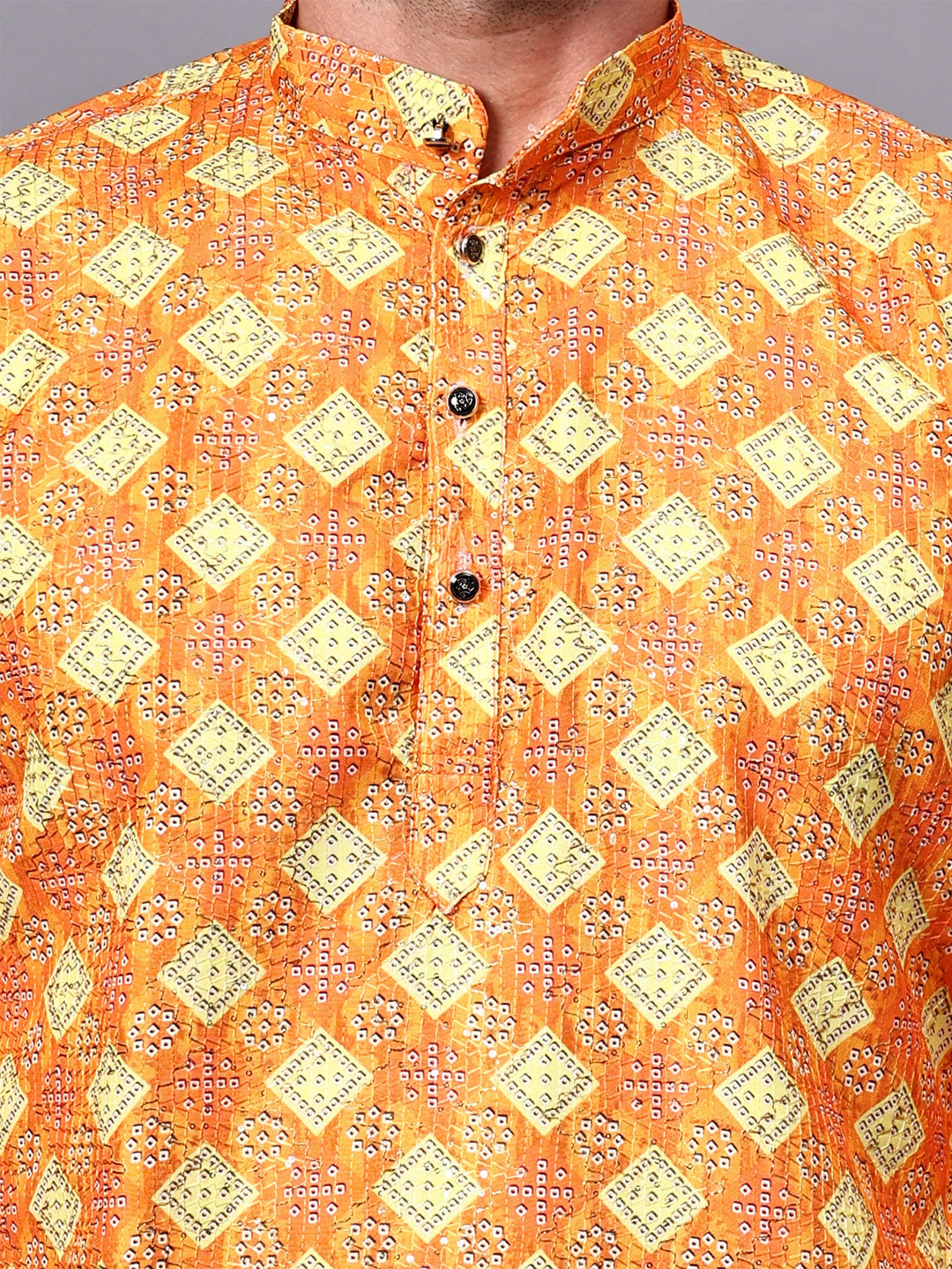 RAY LIGHT Men's Premium Crochet Fabric Geometric Long Kurta – Light Orange
