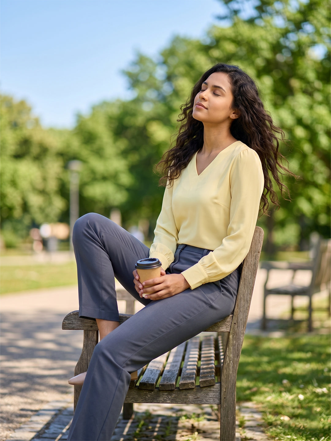 Ray Light Women’s Yellow Solid Crepe Blouse with V-Neck & Full Sleeves Main image