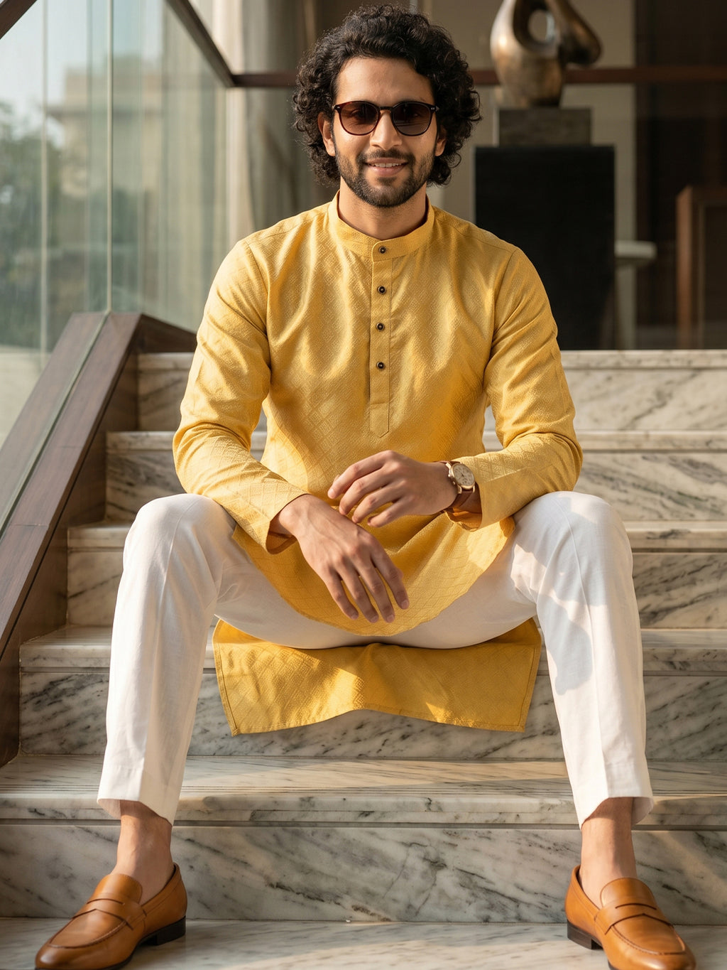RAY LIGHT Men's Royal Jacquard Geometric Long Kurta – Deep Maroon